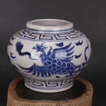 Китайский Бело-Голубой Фарфоровый Горшок Ming Xuande Dragon Phoenix Design Jar 4.17