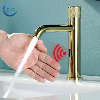 OXG Ярко-золотой смеситель для раковины в ванной, умный датчик, смеситель для раковины, только холодная вода, поддерживает индукционную работу / ручную работу