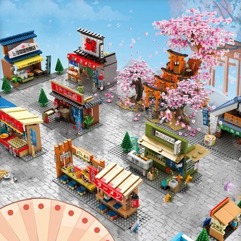 Блок Японский Мини Moc Креативный Розничный Уличный магазин Модель дома-дерева Архитектор здания Сакура Инари Миниатюра Города-Святилища