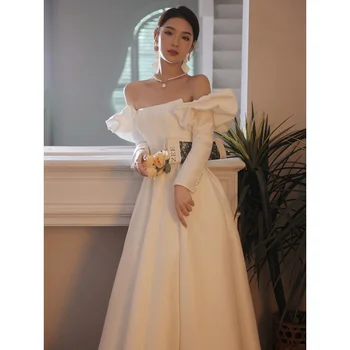 Платья невесты Свадебное платье с длинным рукавом из атласа Винтажная церемония от церкви минималистичный свадебный H226