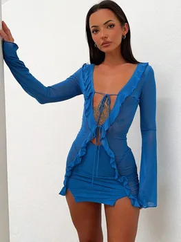 TEMUSCOLA, мини-платье с прозрачными оборками, женское Сексуальное платье с длинным рукавом, прозрачные синие платья с завязками, облегающее платье для вечеринок