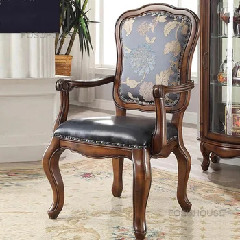 Европейские кожаные стулья для гостиной со спинкой Обеденный стул из массива дерева Бытовой компьютерный стул Американский Мягкий стул