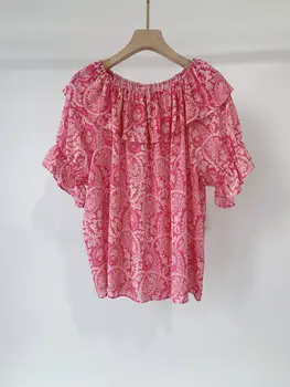 Летняя женская футболка с розовым ретро-принтом 2023, рукав-лепесток, Широкий круглый вырез, Двойной шелковый топ из крепа, женская футболка