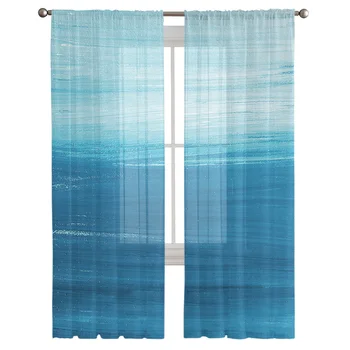 Художественная картина маслом с градиентом Синего океана, прозрачные шторы для гостиной, современная вуалевая занавеска, тюлевые шторы для спальни, оконные шторы