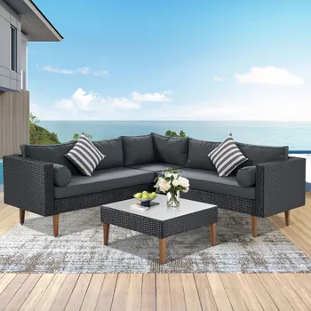 комплект Г-образных диванов из 4 предметов, уличный плетеный диван, мебель для патио с разноцветными подушками, серые валики и черный ротанг