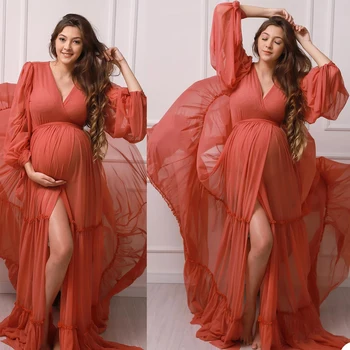 Свадебные Тюлевые халаты для беременных, сшитые на заказ, Оранжевые Женские Длинные платья для Фотосессии, Пляжный халат для вечеринки по случаю Дня Рождения