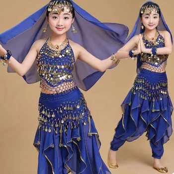 комплект из 4 шт., костюм для танца живота для девочек, платье для индийских сценических танцев, детские сценические танцевальные костюмы для танца живота, детская одежда для живота