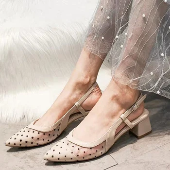 Мода 2021 года; Летние Туфли на квадратном каблуке; Женская Рабочая обувь с острым носком; Женская Сетчатая Винтажная Элегантная обувь в горошек на мелкой подошве;