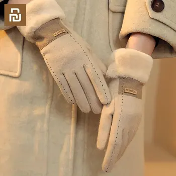 Зимние перчатки Youpin для женщин, кашемировые теплые перчатки в стиле пэчворк, флисовые, с утолщенным сенсорным экраном, уличные ветрозащитные женские варежки