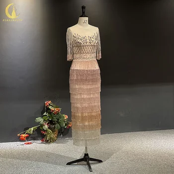 3173 Реальное изображение С короткими рукавами розовофиолетовые кисточки Роскошные вечерние платья robe de soirée вечернее платье