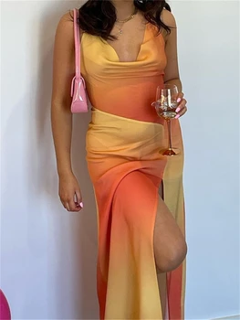 Длинное платье с градиентным принтом wsevypo с перекрестной завязкой на спине, женское сексуальное коктейльное платье с разрезом по бедрам, без рукавов, с разрезом по бедрам, Клубное платье для вечеринки