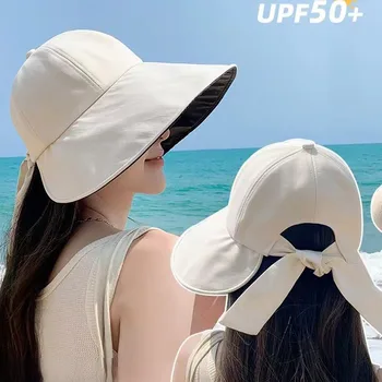 UPF50 + Солнцезащитная шляпа, однотонная женская шляпа с широкими полями, защита от ультрафиолета, складная повседневная солнцезащитная шляпа, летняя пляжная женская кепка-ведро с солнцезащитным кремом