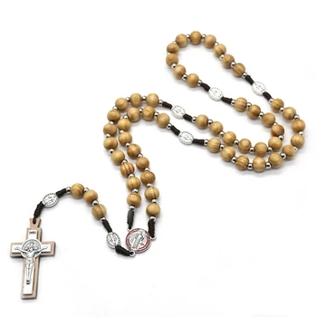 Ожерелья с деревянным крестом и четками, Подвесные христианские подвески из деревянных бусин для женщин, мужчин, подарок для религиозных молитв, ювелирные изделия M68E