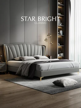 Итальянская светлая роскошная кожаная кровать простая двуспальная кровать в главной спальне высококачественная свадебная кровать Nordic из массива дерева двуспальная кровать