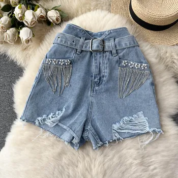 Летние джинсовые шорты с высокой талией, украшенные бисером и кисточками, перфорированные джинсовые шорты, Новый модный женский пояс с рваными краями, Широкие брюки