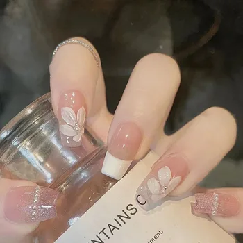 24 шт Глянцевых коротких Т-образных наклеек на ногти, Розовые накладные ногти с блестками во французском стиле Со стразами, блестящие накладные ногти многоразового использования.