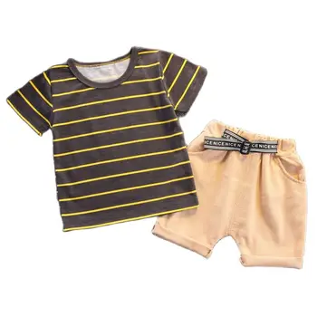 Летние комплекты одежды для мальчиков, хлопковая футболка в полоску с коротким рукавом, блузка + короткие брюки, одежда для джентльменов для мальчиков, костюм из 2 предметов от 0 до 4 лет