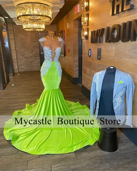 Блестящие флуоресцентные зеленые платья для выпускного вечера Mermiad 2023 Для чернокожих девушек С бисерными аппликациями, Длинное иллюзионное вечернее платье, вечерние платья