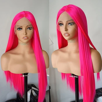 FANXITION Флуоресцентно-розовые Длинные Шелковистые Прямые синтетические парики на кружеве спереди для женщин, косплей, парик для костюмированной вечеринки, парик из тепловолокнистых волос
