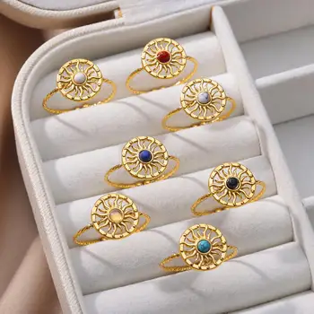 Винтажные кольца из нержавеющей стали, кольцо с натуральным камнем Sun, 18-каратный золотой цвет кольцо женское Открытые регулируемые ювелирные изделия для женщин в подарок