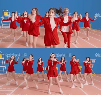 Корейская женская группа Kpop для джазовых танцев, Красные блейзеры с длинными рукавами, кружевные пуловеры, Рубашки, Топы + Сексуальные Тонкие мини-юбки с высокой талией, Женские комплекты
