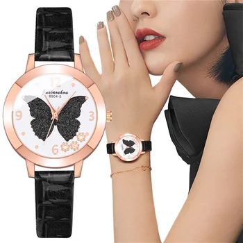 Новые женские часы с циферблатом в виде бабочки со стразами, модный кожаный ремешок, кварцевые часы, женские элегантные повседневные женские наручные часы