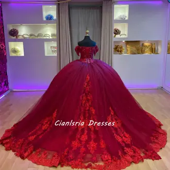 Темно-Красные Пышные Платья С Кристаллами, Расшитые Бисером, Бальное Платье С Открытыми Плечами, Кружевной Корсет С Аппликациями, Sweet 15 Vestidos De Quinceañera