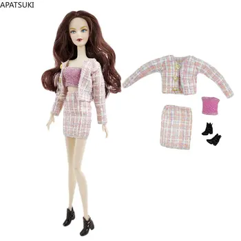 Светло-розовый комплект модной кукольной одежды в клетку для куклы Барби, наряды для кукол 1/6, аксессуары для кукол для леди Барби, Верхнее пальто, юбка, Обувь, Игрушка