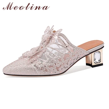 Meotina, женские туфли-шлепанцы, туфли-лодочки с острым носком на толстом среднем каблуке, с полыми кристаллами, женская модная дизайнерская обувь для карьеры, Летние, Розовые, белые, 40