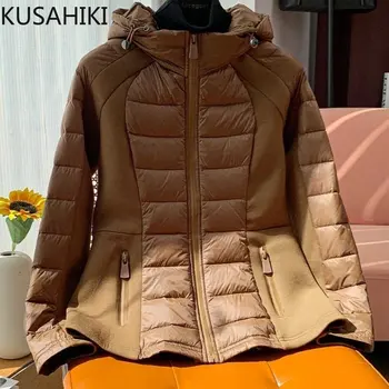 Модные парки с капюшоном в стиле пэчворк KUSAHIKI, Корейская приталенная куртка на молнии с длинным рукавом, осень-зима, Новая элегантная Женская парка-пальто