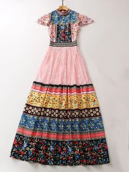 Элегантное Женское Богемное Летнее платье, Подиумная модная Водолазка в этническом ретро с цветочным принтом, кружево в стиле пэчворк, Длинная вечеринка, отпуск