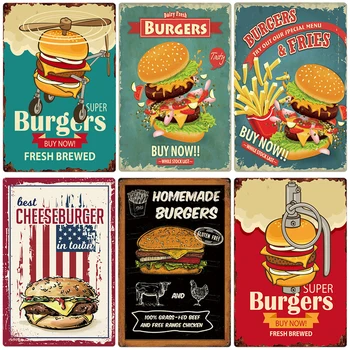 Металлическая жестяная табличка для гамбургеров, Винтажные бургеры и картошка фри, Металлическая табличка, плакат, Декор стен кухни, ресторана, магазина