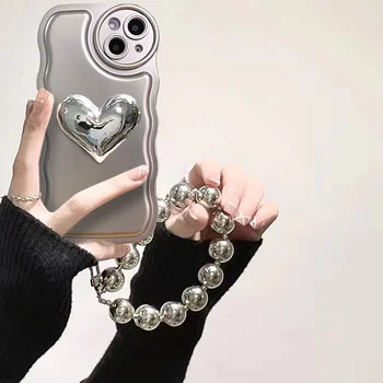 Симпатичный Корейский Волнистый Матовый Чехол-Браслет Love Heart С Серебряным Покрытием Для iPhone 14 Pro Max 13 12 Pro 11 XR XS 7 8 Plus SE3 Cover