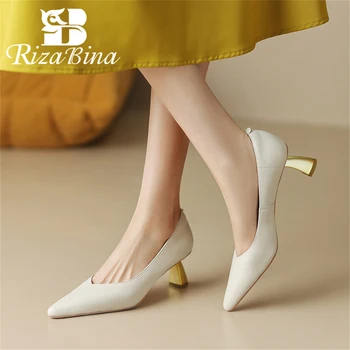 RIZABINA/ женские туфли-лодочки с острым носком из натуральной кожи на низком каблуке с открытым носком, повседневные офисные однотонные женские элегантные модельные туфли без застежки