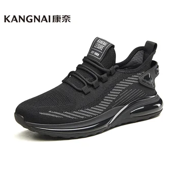 Мужские кроссовки Kangnai, повседневная обувь Flyknit на шнуровке, черные туфли на плоской подошве для скейтбординга, уличные дышащие мужские спортивные кроссовки для бега