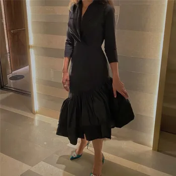 Вечерние платья Русалки из черной Тафты с рукавами V-образный вырез, выпускные платья чайной длины 2023, платья для официальных вечеринок для женщин из Саудовской Аравии