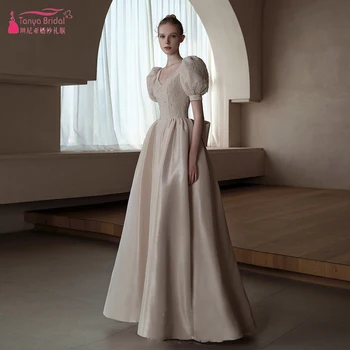 Свадебные платья с пышными рукавами цвета розового шампанского, Атласные платья с V-образным вырезом длиной до пола, свадебные платья принцессы ZW835