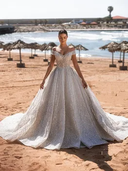 Элегантное бальное платье, свадебные платья без рукавов с V-образным вырезом, блестки, оборки, 3D кружево, свадебные платья с открытыми плечами, расшитые бисером, Vestina De Novia
