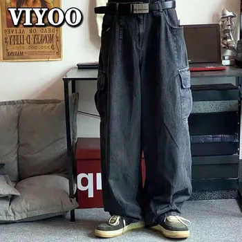 Мужские мешковатые прямые брюки из денима, черные широкие брюки, джинсы-карго оверсайз, уличная одежда в корейском стиле хип-хоп харадзюку для мужчин