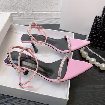 2023 Летние Новые брендовые женские сандалии с модными украшениями в виде кристаллов, узкополосные женские туфли-гладиаторы на тонком высоком каблуке, уличные туфли-лодочки для платья