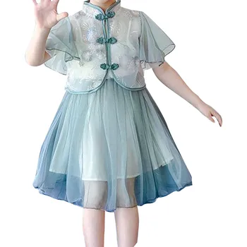 Летний Новый костюм Tang, однотонное сетчатое платье-слинг для девочек-фей с верхней рубашкой, Темное платье для малышей