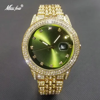 Горячие женские часы в стиле хип-хоп с муассанитом, роскошные Золотые кварцевые часы с зеленым циферблатом, часы для вечернего платья Ice Out Lady, бестселлер 2021 года, Новинка