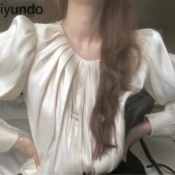 Модные летние топы Iyundo Chic для женщин, плиссированная блузка с круглым вырезом и длинными рукавами, однотонная универсальная корейская одежда Dongdaemun