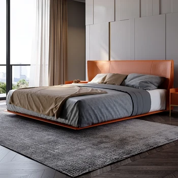 Экстраординарная домашняя итальянская простая плавающая кровать 1,8 м из натуральной кожи, легкая роскошная двуспальная свадебная кровать в главной спальне