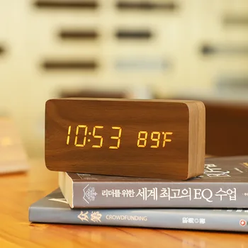 Деревянный светодиодный будильник с голосовым управлением, цифровые настольные часы, отображение температуры, влажности и времени, настольные часы для домашнего офиса, USB-зарядное устройство