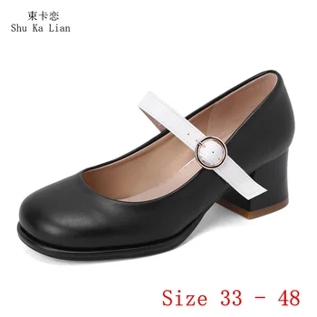 Женские туфли-лодочки с квадратным носком на высоком каблуке 5,5 см, туфли на квадратном высоком каблуке с ремешком на щиколотке, женские вечерние туфли на каблуке котенка, маленькие, большие размеры 33-48