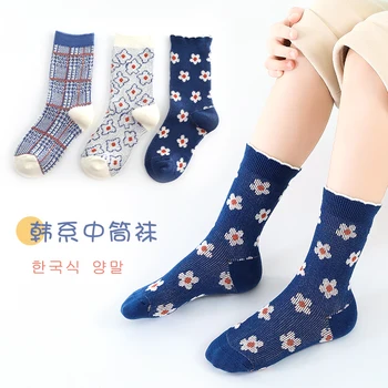3 пары/лот, зимние осенние носки в стиле ретро для девочек, геометрическая вышивка, каваи, Темно-синий цветок, детские носки, мягкий хлопковый теплый чулок