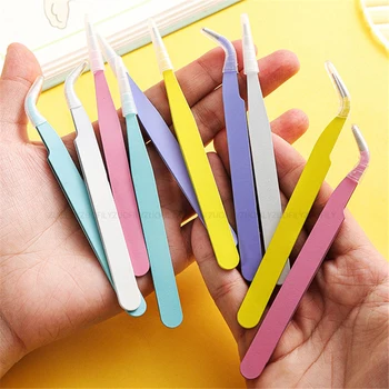 Разноцветные прямые Изогнутые пинцеты из нержавеющей стали, розовый, Синий, фиолетовый, сделай сам, 1,0 мм, Пинцет для ресниц, инструмент для подбора страз для дизайна ногтей
