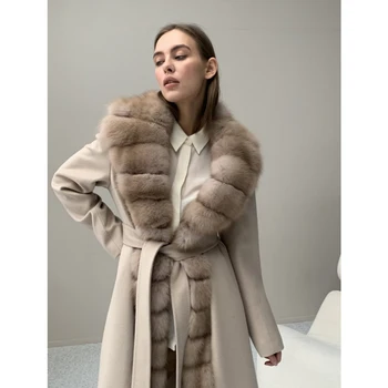 Зимнее Новое Кашемировое шерстяное пальто из натурального лисьего меха, Теплые Зимние куртки, Меховое пальто, женское Роскошное Натуральное Меховое