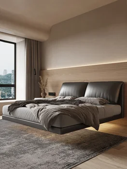 Плавающая кровать из натуральной кожи silent wind главная спальня большая кровать итальянская легкая роскошная кровать простая кровать из массива дерева с мягкой обивкой